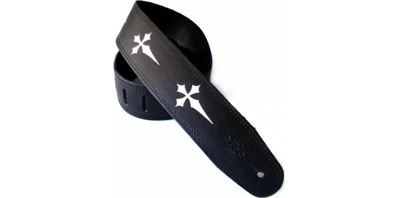 DSL MC25-15-1 Leather 2.5 Inch Black with Silver Gothic Cross Guitar Strap