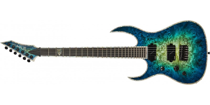 BC Rich Shredzilla Extreme Exotic with Hipshot Left Hand Cyan Blue Burl Front