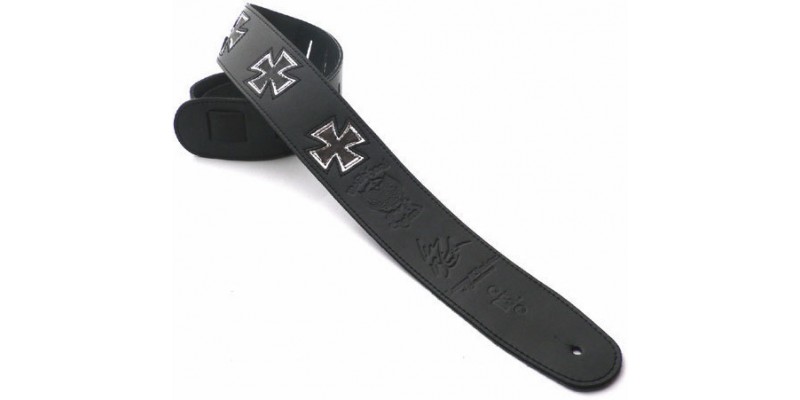 DSL LEMMY25SX Leather 2.5" Black with Motorhead Silver Iron Cross Guitar Strap