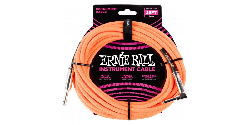 Ernie Ball 25 Foot Braided Straight/Angle Instrument Cable Neon Orange Front