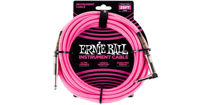 Ernie Ball 25 Foot Braided Straight/Angle Instrument Cable Neon Pink Front