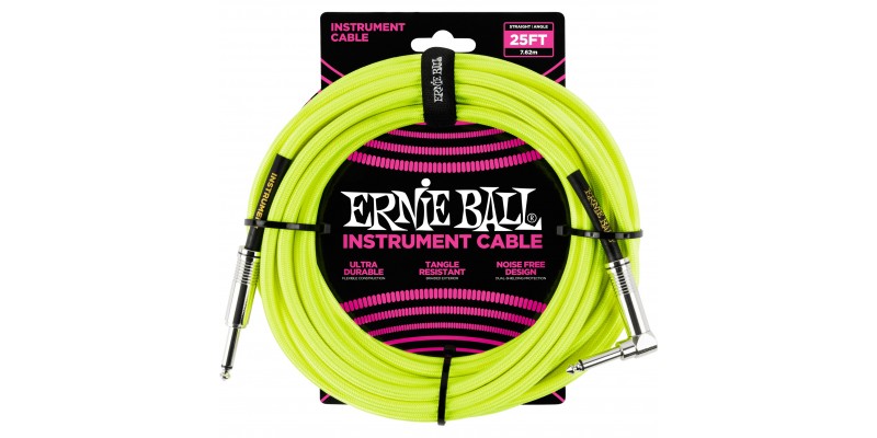 Ernie Ball 25 Foot Braided Straight/Angle Instrument Cable Neon Yellow Front