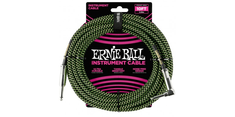 Ernie Ball 10 Foot Braided Straight Angle Instrument Cable Black Green Front
