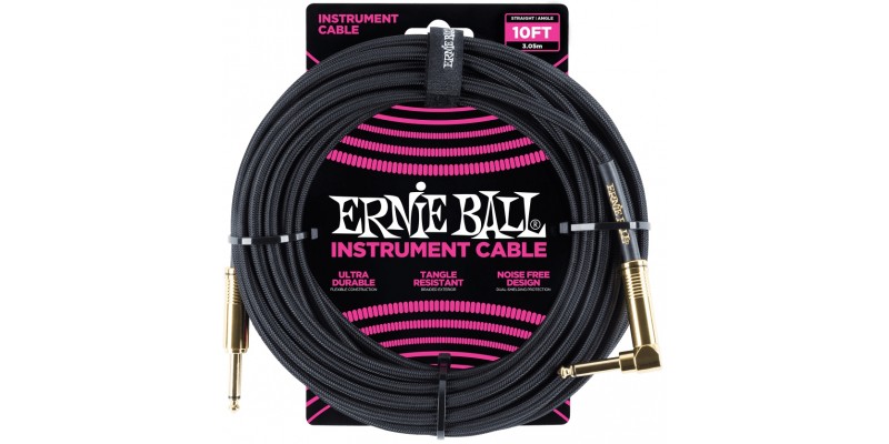Ernie Ball 10 Foot Braided Straight Angle Instrument Cable Black with Gold Plugs Front