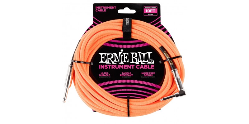 Ernie Ball 10 Foot Braided Straight Angle Instrument Cable Neon Orange Front
