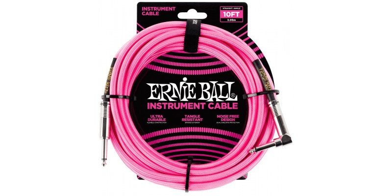 Ernie Ball 10 Foot Braided Straight/Angle Instrument Cable Neon Pink Front