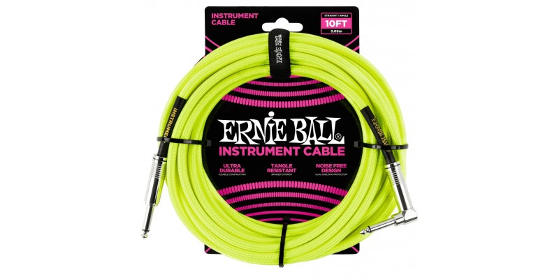 Ernie Ball 10 Foot Braided Straight/Angle Instrument Cable Neon Yellow Front