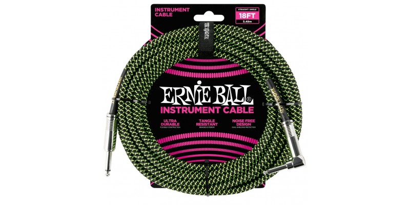 Ernie Ball 18 Foot Braided Straight/Angle Instrument Cable Black / Green Front