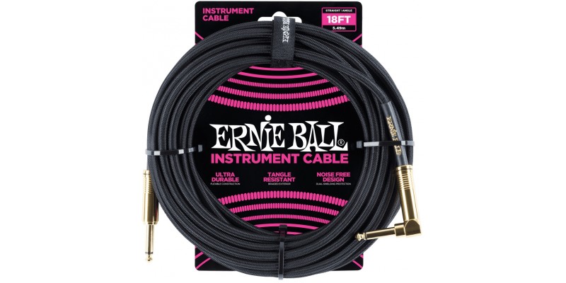 Ernie Ball 18 Foot Braided Straight/Angle Instrument Cable Black With Gold Plugs Front