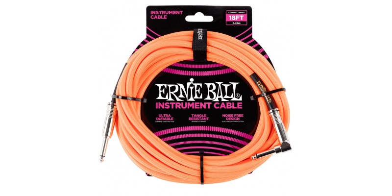 Ernie Ball 18 Foot Braided Straight/Angle Instrument Cable Neon Orange Front