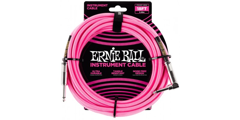 Ernie Ball 18 Foot Braided Straight/Angle Instrument Cable Neon Pink Front