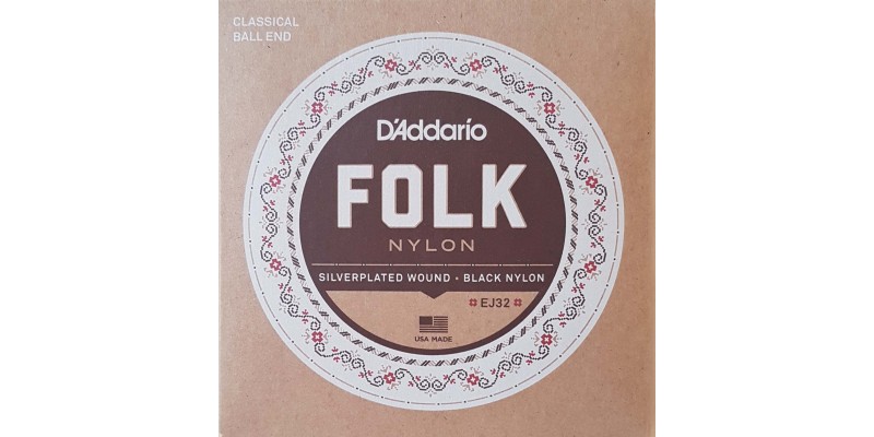 D'Addario EJ32 Folk Nylon, Ball End, Silver Wound/Black Nylon Trebles Front