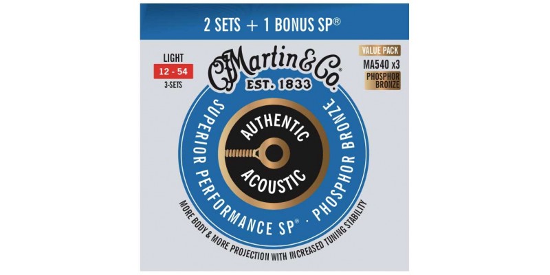 Martin MA540 Authentic Acoustic SP Phosphor Bronze Acoustic Guitar Strings Light 3-Pack Front