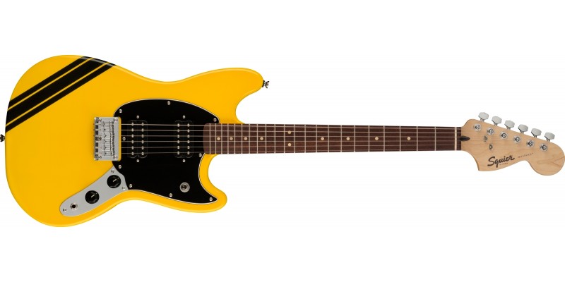 Squier FSR Bullet Competition Mustang HH Graffiti Yellow with Black Stripes Front