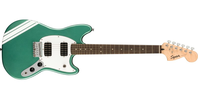 Squier FSR Bullet Competition Mustang HH Sherwood Green Olympic White Stripes Front