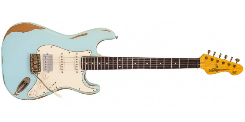 Vintage V6H ICON HSS Ultra Gloss Distressed Laguna Blue Guitar