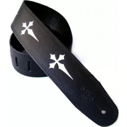 DSL MC25-15-1 Leather 2.5 Inch Black with Silver Gothic Cross Guitar Strap