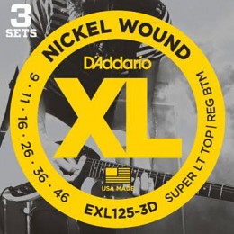 D'Addario EXL125-3D Nickel Wound, Super Light Top/ Regular Bottom 3 Pack