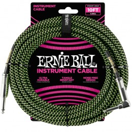 Ernie Ball 10 Foot Braided Straight Angle Instrument Cable Black Green Front