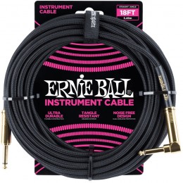 Ernie Ball 18 Foot Braided Straight/Angle Instrument Cable Black With Gold Plugs Front